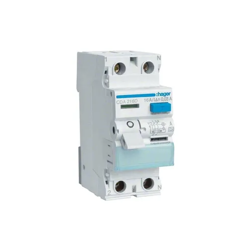 Hager CDA216D FI-Schutzschalter 2P 16A 30mA - Lichtbogen-Schutzschalter, sicherer Fehlerstromschutz mit Bi-Connect-Klemmen und externer Test-Taste, ideal für nachträgliche Installationen.