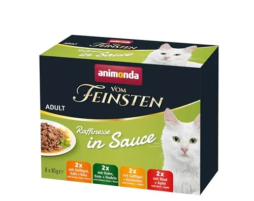 animonda vom Feinsten Premium Katzenfutter nass Raffinesse in Sauce, 8 Portionsbeutel (8 x 85g), hochwertiges Katzen Nassfutter ohne Zucker, mit frischen fleischigen Zutaten