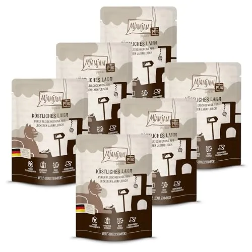 MjAMjAM - Premium Nassfutter für Katzen - Quetschie - purer Fleischgenuss - Lamm pur, 6er Pack (6 x 300 g), getreidefrei mit extra viel Fleisch