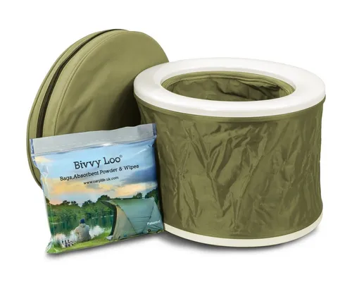 CarpLife Campingtoilette Bivvy Loo, grün - Toiletten für Camping und Outdoor, zusammenklappbar und leicht zu transportieren. Maximal tragfähig bis 140 kg, inklusive 50 biologisch abbaubaren Wischtüchern und Abfallpulver für hygienische Entsorgung.