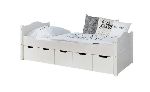 TiCAA Einzelbett Leni 90x200 Kiefer Weiß - Flexibles Design - Betten aus massivem Kiefernholz mit optionalen Schubkästen für zusätzlichen Stauraum, ideal für platzsparende Lösungen im Kinderzimmer oder Gästezimmer.