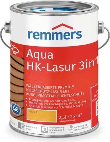 Remmers HK-Lasur 3in1 [plus] kiefer, matt, 2,5 Liter - Premium Holzlasur für außen mit 3-fach Holzschutz: Imprägnierung, Grundierung und Lasur in einem. Ideal für Zäune, Carports und Gartenhäuser, schützt vor Feuchtigkeit und UV-Strahlen.