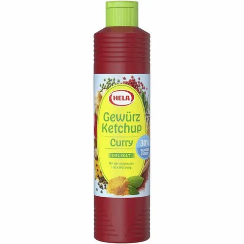 Hela Ketchup Curry delikat - 30% weniger Zucker - Ketchup, ideal für gesundheitsbewusste Genießer, leckere Curry-Note und 30% weniger Zucker für unbeschwerten Genuss.