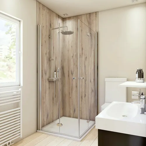 Duschrückwand BREUER Dekor Eiche Landhaus 150 x 255 cm - Elegante Duschrückwand im Eiche Landhaus Design, wasserabweisend und pflegeleicht – ideal für ein modernes Badezimmer.