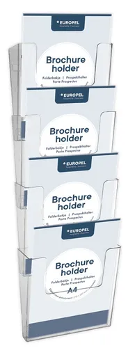 Prospekthalter Europel Wandmontage 4xA4 hoch koppelbar - Werbeartikel mit innovativem Kupplungssystem für individuelle Erweiterung, ideal für die Präsentation von Werbematerial im A4 Format.
