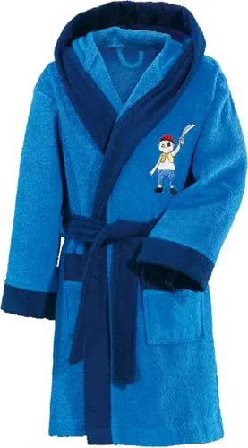Erwin Müller Kinder-Bademantel mit Kapuze - Piratendesign, Größe 146/152 - Hochwertiger Walk-Frottier Kinder-Bademantel mit Kapuze. Aus 100% Baumwolle, ausgestattet mit zwei Taschen und Bindegürtel. Lustiges Piratenmotiv und kontrastfarbene Einfassungen sorgen für einen tollen Look.
