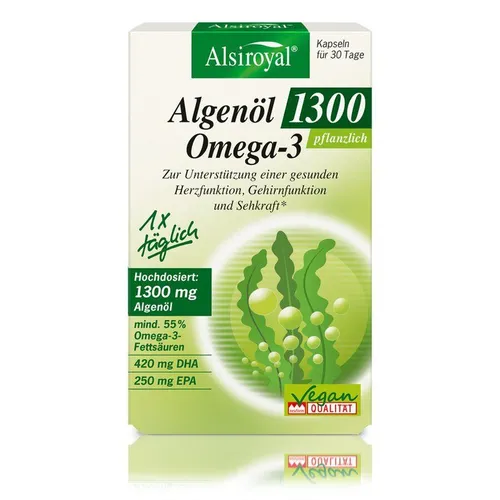 Alsiroyal Algenöl 1300 – Hochdosiertes Omega-3 für Herz, Gehirn & Sehkraft - Omega-3 Öl: Vegane Algenöl-Kapseln mit 1300 mg pro Tagesdosis, unterstützen nachhaltig Herzfunktion, Konzentration und Sehkraft.