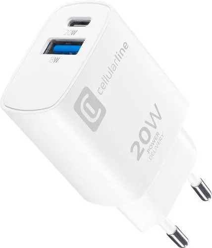 Cellularline USB Ladegerät 20W USB-A, USB-C USB PD Weiß Steckdose Schnellladegerät, USB Power Delivery (USB-PD)