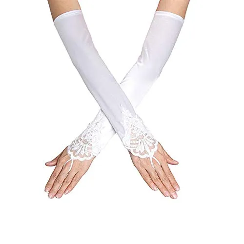 SUNTRADE Damen Spitze Satin Braut Party Fingerlose Handschuhe Pailletten Elegant (Weiß)