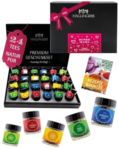 Hallingers Genuss Manufaktur Tee Geschenkset Muttertag - 24 Sorten Premium loser Tee im Glas in edler Geschenkbox, vegan & glutenfrei, Tee Set "Danke Mama" Probierset, liebe Geschenkidee für Frauen