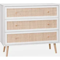 Alice's Home Kommode aus Holzdekor Weiß mit Rattangeflecht - Bohème Stil Kommode 90x39x79cm mit 3 Schubladen, ideal für eine stilvolle und praktische Aufbewahrung in jedem Raum.