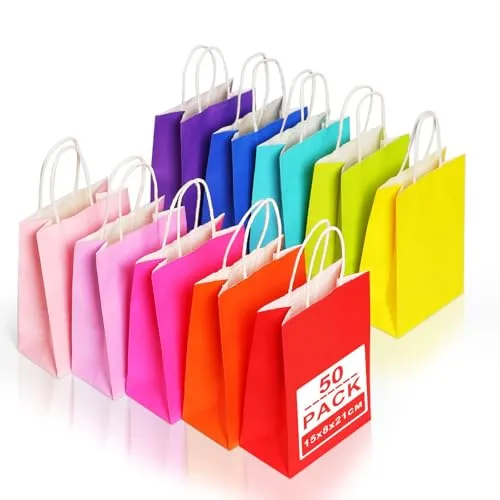 Gucass 50 Stück Klein Papiertüten mit Henkel, Bunt Kraft Papiertaschen Geschenktüten, 15x8x21cm Papiertragetasche, Geschenktaschen zum Verpacken Einkaufen Geburtstag Partys Hochzeit Weihnachten