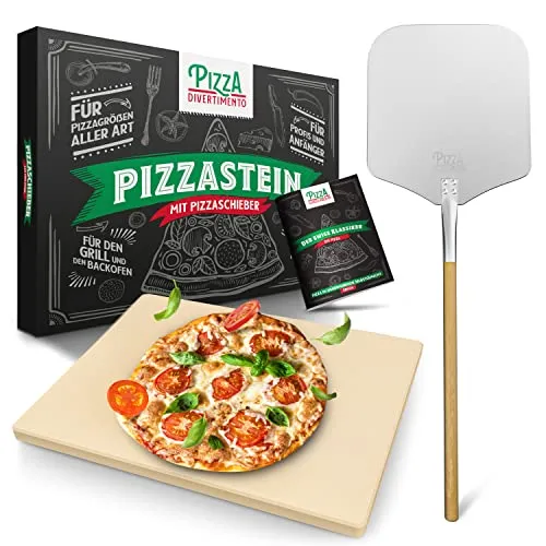 Pizza Divertimento - Pizzastein für Backofen & Gasgrill mit Pizzaschieber - Pizzastein für knusprige Pizza und saftigen Belag, ideal für Backofen und Grill, inkl. e-Rezeptbuch mit über 30 Rezepten!