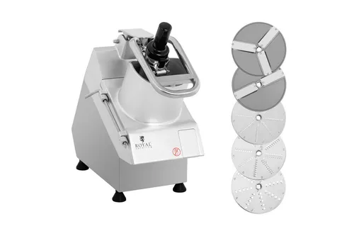Royal Catering Gemüseschneider elektrisch 750 W - 5 Messerscheiben - Reiben & Küchenreiben: Effizienter Gemüseschneider für Gastronomie mit 750 W Motor, 5 Edelstahl-Messerscheiben und sicherem Kunststoffstopfer für schnelles Zerkleinern von Obst und Gemüse.