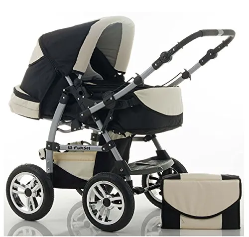 Kinderwagen-Set Flash 2 in 1 - Schwarz-Creme - 14 Teile für jedes Abenteuer - Der Kinderwagen Flash 2 in 1 bietet Komfort und Sicherheit bis zum 4. Lebensjahr. Mit großem Zubehör und geländetauglichen Lufträdern ist er ideal für unterwegs. Flexibel verstellbar und leicht zu transportieren.