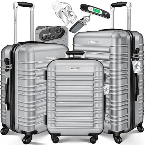 KESSER® 3tlg. Hartschalenkofferset - Koffer Set mit 3 Reisekoffern, 360° Rollensystem für müheloses Handling, strapazierfähige ABS-Hartschale und inklusive Kofferwaage und Gepäckanhänger – ideal für stressfreies Reisen!