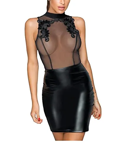 Noir Handmade Kunstleder Kleid Sexy Damen Stretch Wetlook Minikleid Kunstleder Minikleid, Farbe:Black, Größe:M