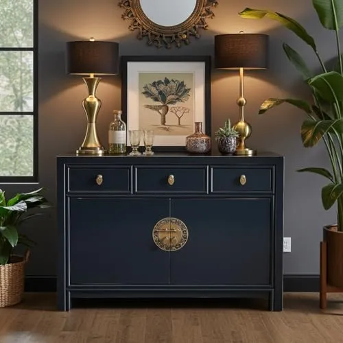 OPIUM OUTLET Chinesische Kommode - Vintage Sideboard in Midnight-Blue - Kommode im orientalischen Stil, komplett montiert und sofort einsatzbereit; ideal für großen Stauraum mit 3 Schubfächern und 2 Türen, kunstvoll aus Holz gefertigt.