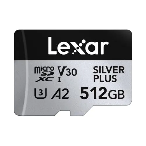 Lexar Silver Plus Micro SD-Karte 512 GB – Ultra-Schnell für 4K UHD - Die Lexar Silver Plus Micro SD-Karte mit 512 GB bietet beeindruckende Lesegeschwindigkeiten bis zu 205 MB/s und ist ideal für 4K-UHD-Aufnahmen. Inklusive SD-Adapter und optimiert für Apps, sorgt sie für zuverlässigen Speicher in allen Geräten.