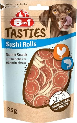 8in1 Tasties Sushi Rolls Hunde-Snack - glutenfrei & proteinreich - Hundekuchen und Kausnacks: Gesunde, glutenfreie Leckerlis aus Hähnchenbrust und Kabeljau, reich an Proteinen für schlanke Muskeln und optimale Körperkondition.