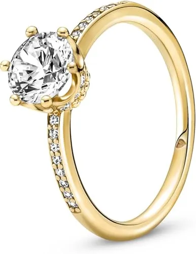 PANDORA SHINE Ring "funkelnde Krone" – Gelbvergoldet mit Zirkonia - Ringe für Damen, eleganter Solitärring mit großem Cubic Zirkonia in kronenförmiger Fassung, ideal für einen königlichen Look.