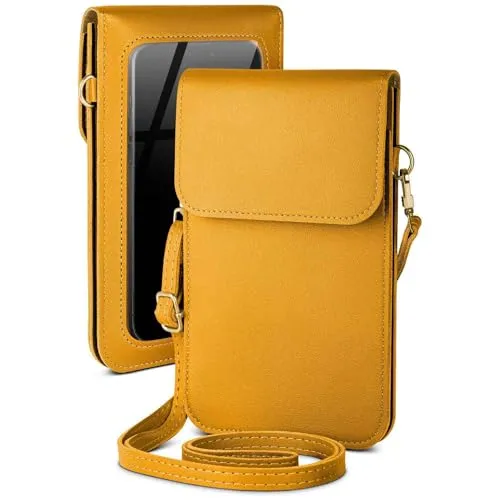 moex Handytasche zum Umhängen für Samsung Galaxy A21s – Kleine Handtasche mit Handyfach und Sichtfenster, 2 zusätzliche Fächer - Handy Umhängetasche Damen, Sonnengelb