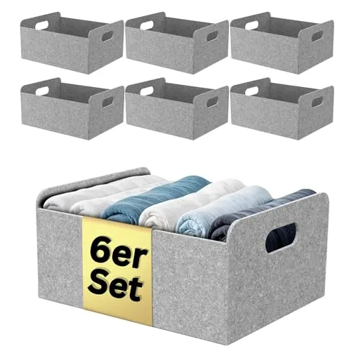 Bada Bing Aufbewahrungskorb Filzkorb - 6er Set faltbare Organizer in hellgrau - Dekokörbe für ein stilvolles Zuhause, vielseitig einsetzbar zur Aufbewahrung von Spielzeug, Pflegeprodukten und mehr, faltbar und kompatibel mit IKEA Regalen.
