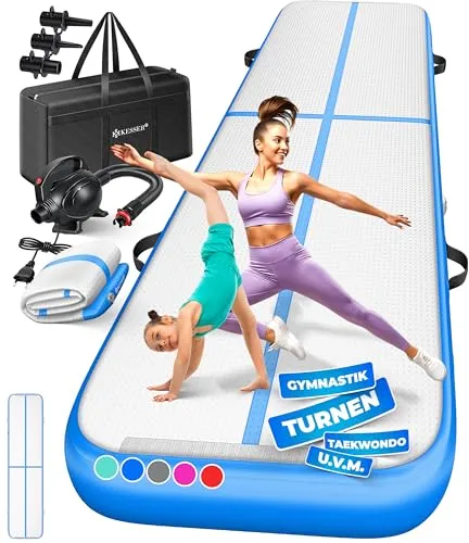KESSER® Aufblasbare Turnmatte 2m/3m/4m/5m/6m - Fitness-Matte mit Tragetasche & Luftpumpe - Sportmatte aus 0,9mm dickem PVC, wasserdicht und rutschfest. Ideal für Gymnastik, Yoga und Outdoor-Aktivitäten. Inklusive Reparaturkit und elektrischer Luftpumpe.