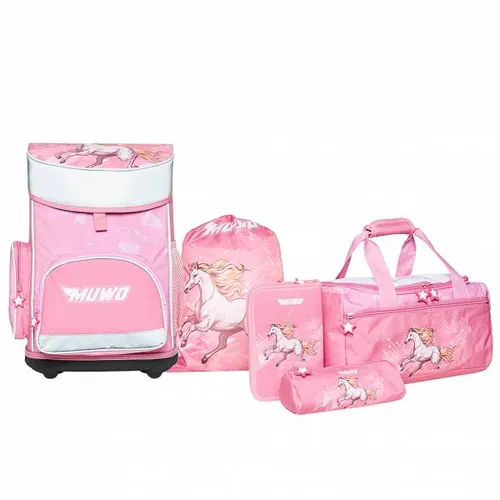 MUWO "Lil Horse" Kinder Schulranzen Set 5tlg. - Einheitsgröße MW-355 - 5tlg. Schulranzen Set von MUWO, ultraleicht mit nur 920g, wasserabweisend, ergonomisch und mit reflektierenden Flächen für Sicherheit im Straßenverkehr. Ideal für kleine Abenteurer!