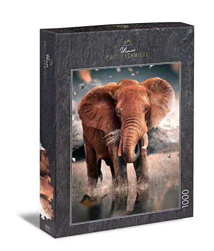 Ulmer Puzzleschmiede - Puzzle „Roter Riese“ - Eindrucksvolles Elefanten-Puzzle mit 1000 Teilen – Der mächtige Elefant aus Tsavo/Afrika grast in der Savanne - Tierpuzzle mit Qualität Made in Germany