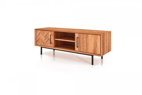 TV-Board Seiba aus massiver Kernbuche mit Metallbeinen - Elegantes TV-Board aus geölter Kernbuche, ausgestattet mit 2 Türen und 2 offenen Fächern. Ideal für Ihr Wohnzimmer – stabil und stilvoll mit Fischgrätmuster und schwarzen Metallgriffen.