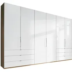 Venda Falttürenschrank Loft, Weiß, Eiche - Kleiderschrank mit 3 Türen und 8 Schubladen, platzsparende Falttüren und stilvolle Glasfront für frisches Flair im Schlafzimmer.