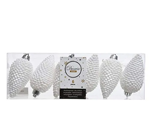 Christmas Decorations KAE Christbaumschmuck Zapfen Kunststoff 8cm x 6 Stück Anhänger bruchsicher weiß winterweiß