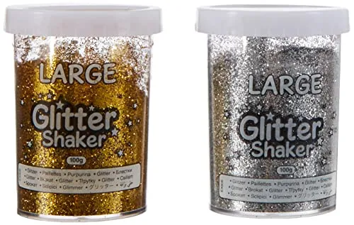 Baker Ross Jumbo Gold and Silver Glitter Shakers for Kids Arts and Crafts — Large Glitter Containers Ideal for Crafting in Classrooms, Schools, and Preschools (Pack of 2),100g