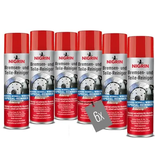 NIGRIN Bremsen- und Teile-Reiniger, reinigt und entfettet Bremsen, Getriebe, Kfz-Bauteile, schnell und effektiv, gegen hartnäckige Verschmutzungen, acetonfrei, 6X 500ml