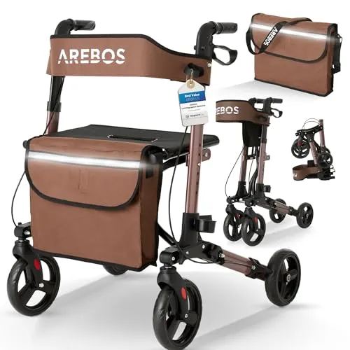 AREBOS Alu Rollator - Klappbarer Leichtgewichtsrollator für Senioren - Gehstöcke & Rollatoren mit ergonomischem Design, 6-fach höhenverstellbar und bis 136 kg belastbar. Ideal für drinnen und draußen, inklusive Sitzfläche und praktischem Taschenhalter.