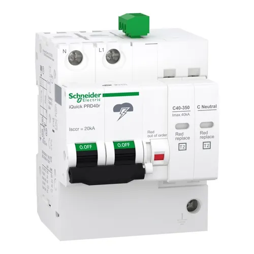Schneider Electric Überspannungsableiter Typ2 A9L16292 - Steckdosen- & Schalterteile, schützt Ihre Elektroinstallation mit einem max. Ableitstoßstrom von 40 kA und Kurzschlussfestigkeit, ideal für zuverlässigen Überspannungsschutz.