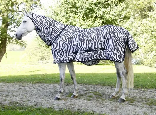 KERBL RugBe Zebra Fliegendecke für Pferde 125cm - Fliegenschutzdecke mit Halsteil, aus engmaschigem Polyester für optimale Luftzirkulation und Insektenschutz. Der attraktive Zebra-Look wirkt zusätzlich abschreckend.