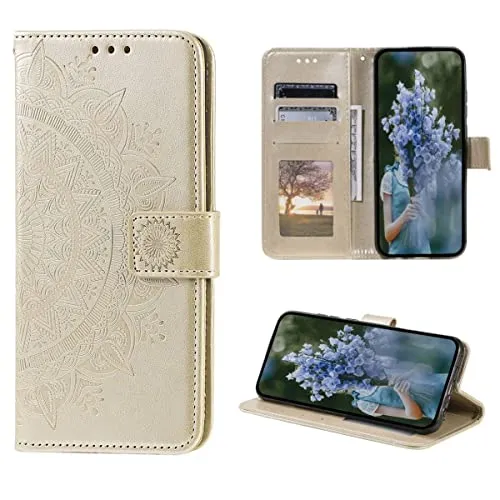 CoverKingz Handy Case kompatibel mit iPhone 14 - Handy Cover mit Kartenfach Phonecase - Smartphone Hülle klappbar Motiv Mandala Gold