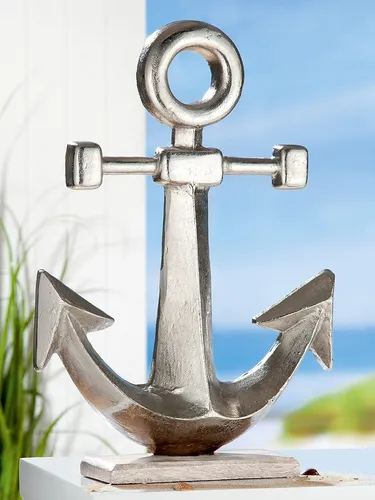 Gilde Großer ALU ANKER "MARITIM" auf Mangoholzsockel - 56 cm - Moderne Teelichthalter-Skulptur aus Aluminium mit einem stilvollen Mangoholzsockel, ideal für maritime Deko-Liebhaber.