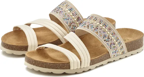 LASCANA Pantolette beige Größe 40 - Wanderschuhe mit Glitzersteinen und Korkfußbett für optimalen Komfort und Stil. Ideal für entspannte Tage und leichte Wanderungen.