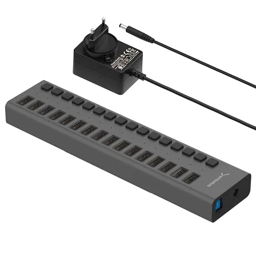 SABRENT 16-Port USB Hub Aktiv mit Netzteil – 90W USB Ladegerät Mehrfach mit Schaltern, Mount Bracket – 2-in-1 USB Ladestation & Aktiver Powered Hub 3.2x1, Charger für Handy, Laptop, PC, usw (HB-PU16)