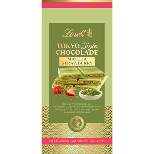 Lindt Schokolade Tokyo Style - 145 g - Exklusive weiße Schokolade mit feinstem Matcha, Erdbeerstückchen und knusprigem Genmai. Ein harmonisches Geschmackserlebnis, ideal für besondere Genussmomente.