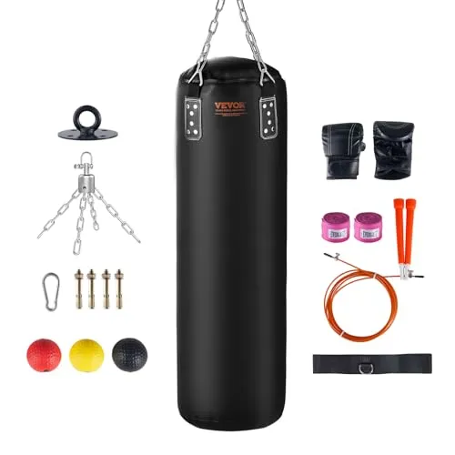 VEVOR 120 cm Schwerer Boxsack mit Indoor/Garten Boxsack Ungefüllter Boxsack Set mit Boxhandschuhen, Bandagen, Ketten, Deckenhaken für MMA, Kickboxen, Muay Thai