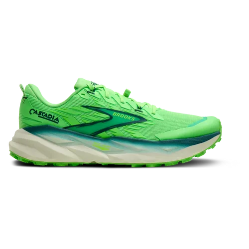 Brooks Herren Cascadia 19 Trailschuhe grün 45.0 - Hochleistungs-Trailschuh mit Vibram® Megagrip für optimalen Halt und carboninfundierter Pebax Trail Plate für reaktionsfreudiges Laufen. Ideal für ambitionierte Läufer auf jedem Terrain.