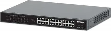 Intellinet 24-Port Gigabit Ethernet PoE+ Switch - Switch mit 24 RJ45-Ports und 2 SFP-Ports, bietet ein PoE-Strombudget von 370 W für reibungslose Stromversorgung und Datenübertragung an kompatible Geräte.