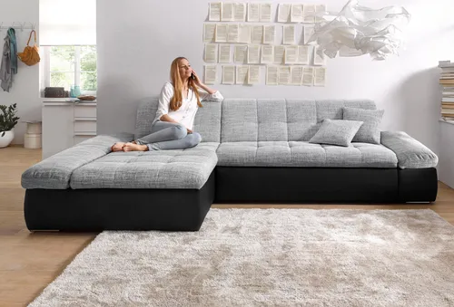 DOMO collection Ecksofa Moric, L-Form, XXL-Sofa - 300cm Breite, flexibel mit Bettfunktion, schwarz-silber - Das moderne Ecksofa »Moric« bietet viel Platz und Flexibilität mit einer optionalen Bettfunktion. Zeitloses Design, hochwertige Polsterung und wahlweise Armlehnverstellung sorgen für exzellenten Komfort in deinem Wohnraum.
