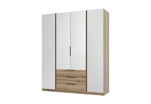 Beautysofa Kleiderschrank KAYA XIV mit Spiegel und Schubladen, 4-türig, 200 cm - Moderner 4-türiger Kleiderschrank mit Spiegeltüren und 3 Schubladen. Bietet viel Stauraum für Kleidung und Accessoires. Das elegante Design in Schwarz und Eiche Evoke bringt Stil und Funktionalität in Ihr Schlafzimmer.