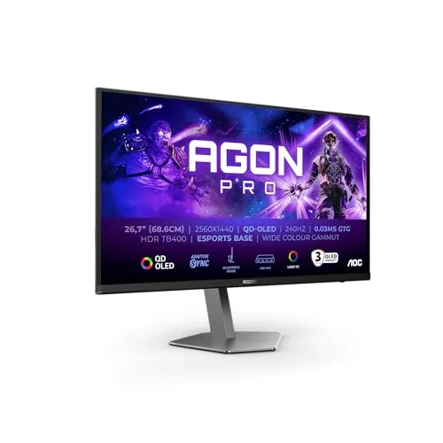 AOC AG276QZD2AM 26.5" WQHD USB Hub Monitor, 240Hz, QD-OLED Panel, 0.03ms GtG, HDR400 TrueBlack, FreeSync Prem.Pro, G-Sync Comp., Höhenverstellung,Lautsprecher,(2560x1440 HDMI 2x 2.0 DP 2x 1.4)Schwarz