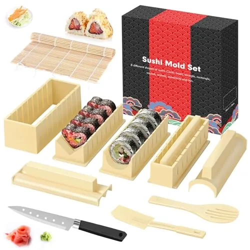 SKYSER Sushi Maker Set – 12-teiliges Sushi Kit für Anfänger - Küchenhelfer & Kochzubehör – Ideal für DIY Sushi mit vielseitigen Formen und einfacher Handhabung, perfekt für die ganze Familie!